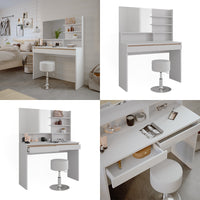 Vicco Tavolino da toilette Bianco 120 cm con mensola a specchio e sgabello