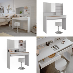 Vicco Tavolino da toilette Bianco 120 cm con mensola a specchio e sgabello