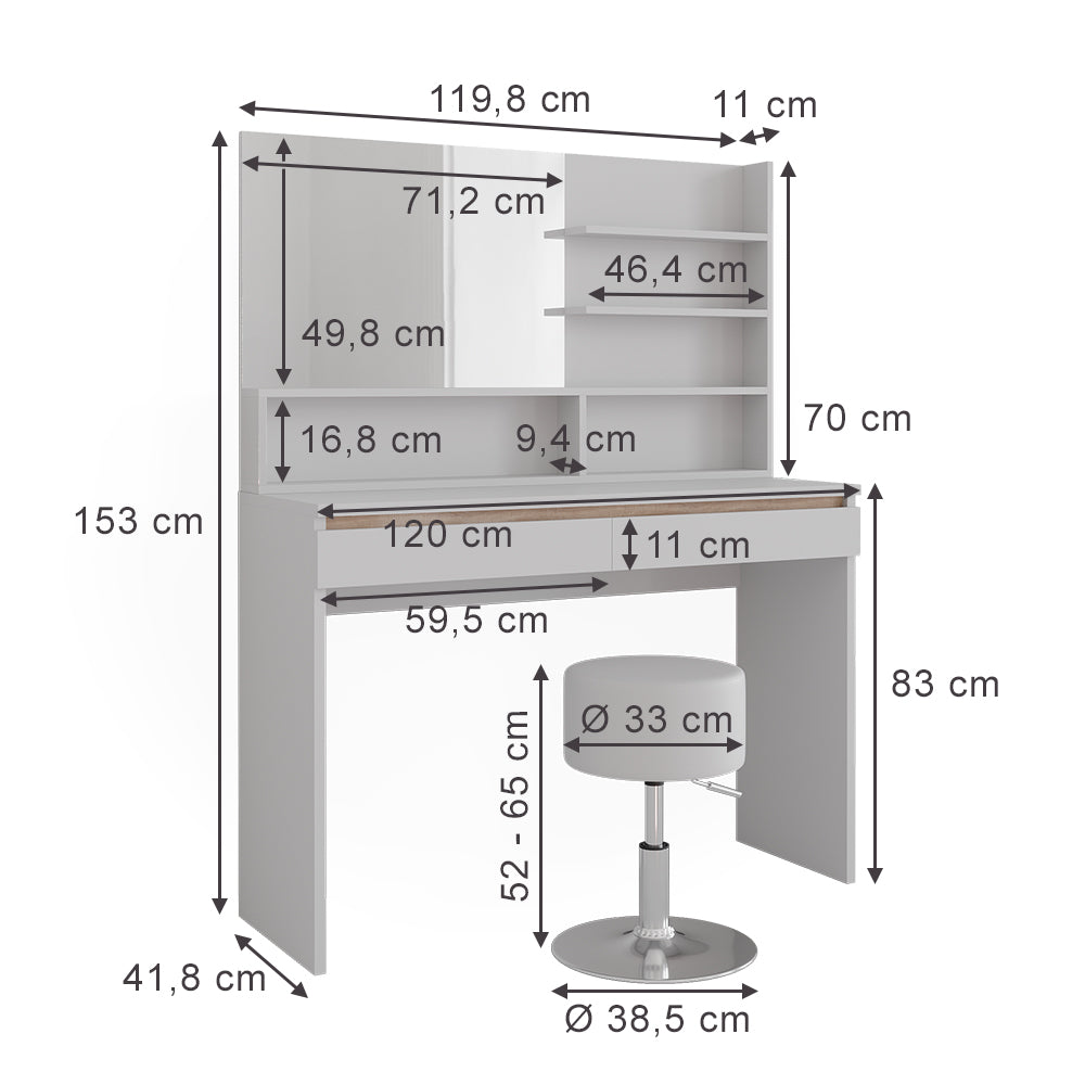Vicco Tavolino da toilette Bianco 120 cm con mensola a specchio e sgabello