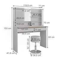 Vicco Tavolino da toilette Bianco 120 cm con mensola a specchio e sgabello