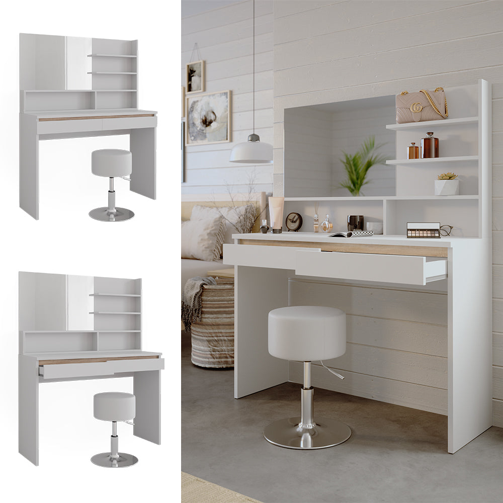 Vicco Tavolino da toilette Bianco 120 cm con mensola a specchio e sgabello