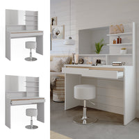 Vicco Tavolino da toilette Bianco 120 cm con mensola a specchio e sgabello