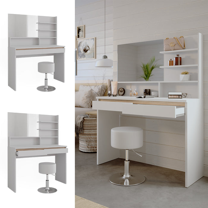 Vicco Tavolino da toilette Bianco 120 cm con mensola a specchio e sgabello