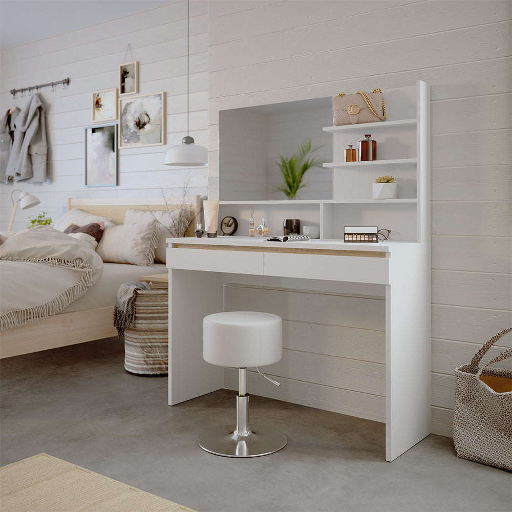 Vicco Tavolino da toilette Bianco 120 cm con mensola a specchio e sgabello