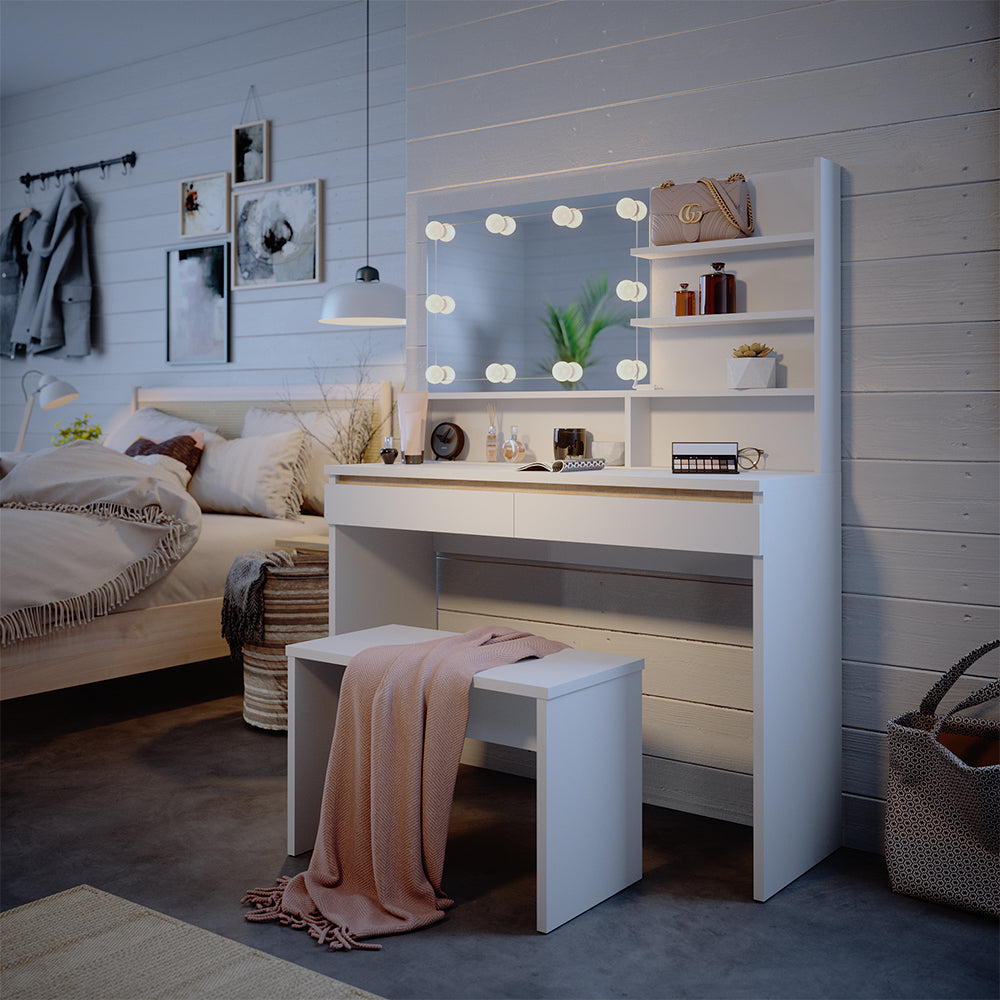 Vicco Tavolo da toilette Bianco 120 cm con ripiano a specchio, panca e illuminazione a LED