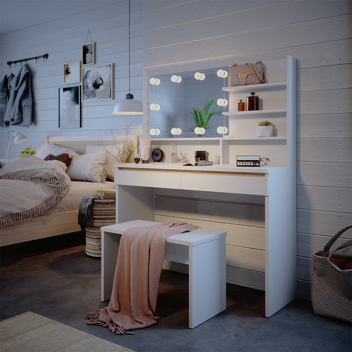 Vicco Tavolo da toilette Bianco 120 cm con ripiano a specchio, panca e illuminazione a LED