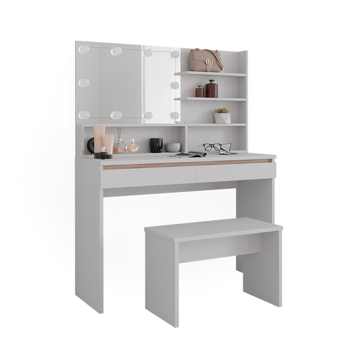 Vicco Tavolo da toilette Bianco 120 cm con ripiano a specchio, panca e illuminazione a LED