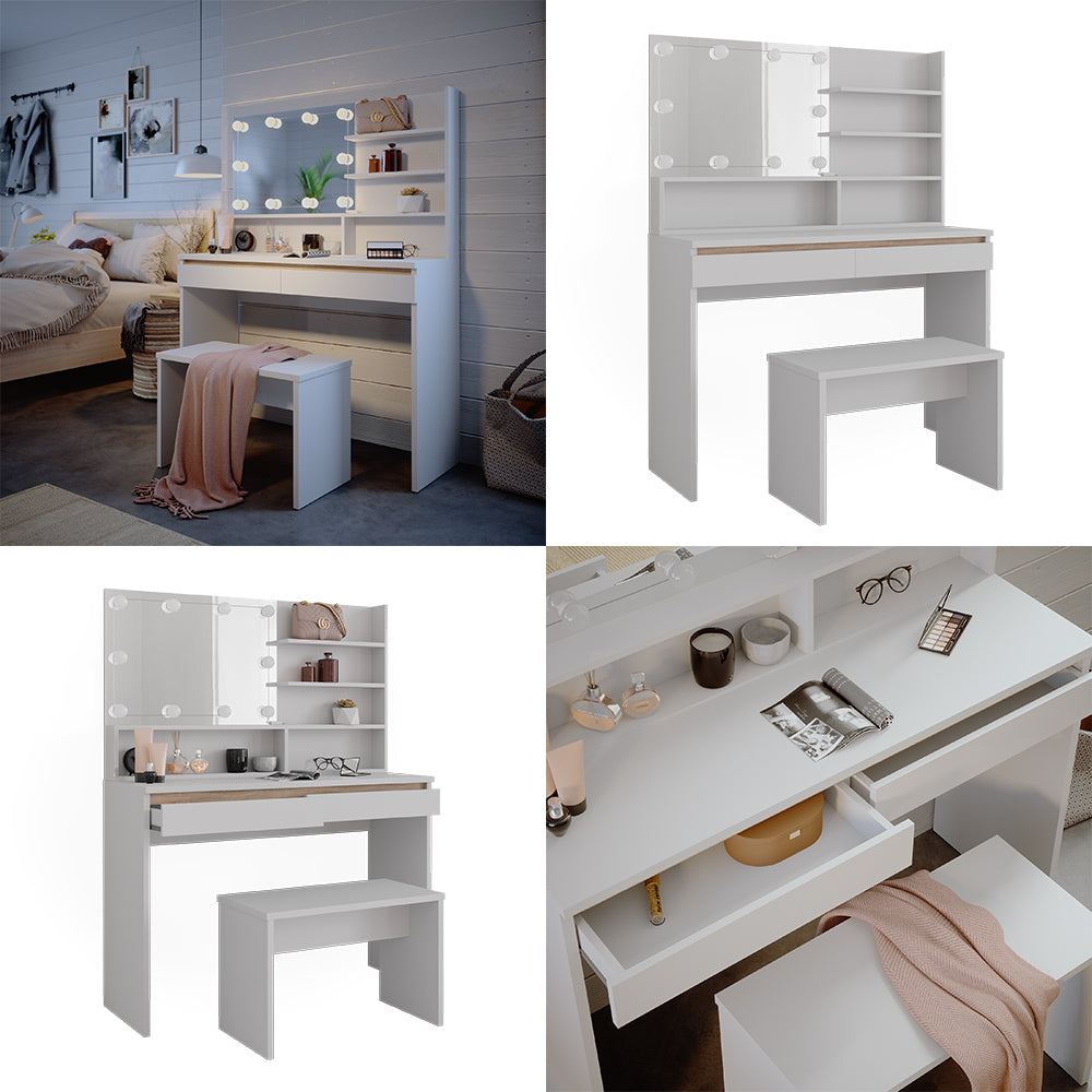 Vicco Tavolo da toilette Bianco 120 cm con ripiano a specchio, panca e illuminazione a LED
