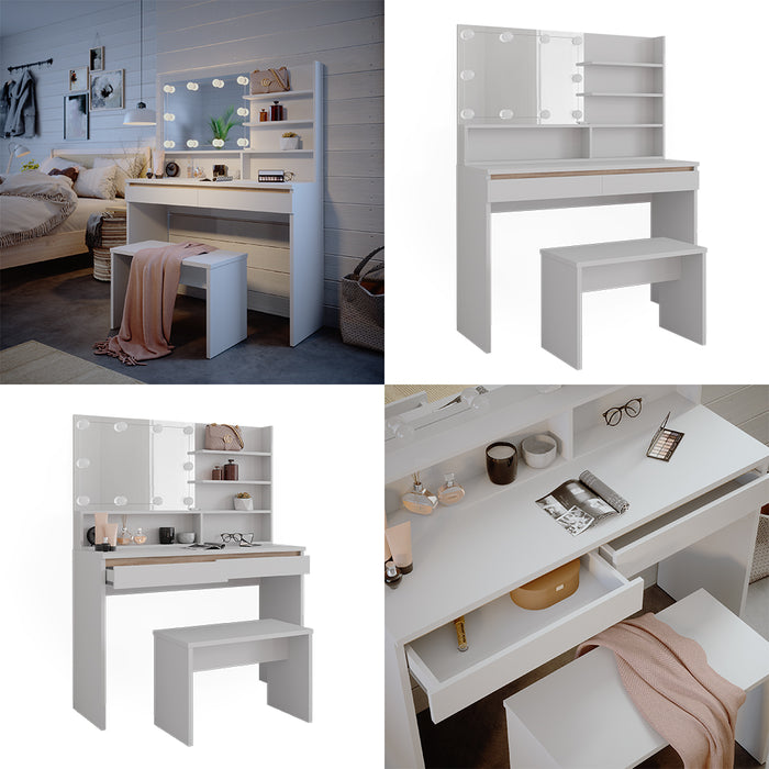 Vicco Tavolo da toilette Bianco 120 cm con ripiano a specchio, panca e illuminazione a LED