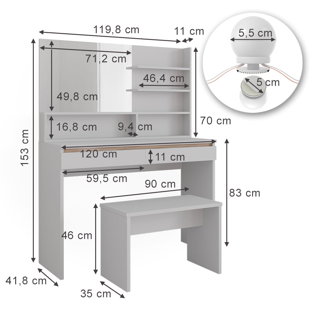 Vicco Tavolo da toilette Bianco 120 cm con ripiano a specchio, panca e illuminazione a LED