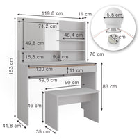 Vicco Tavolo da toilette Bianco 120 cm con ripiano a specchio, panca e illuminazione a LED