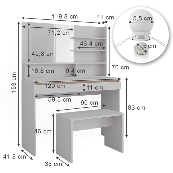 Vicco Tavolo da toilette Bianco 120 cm con ripiano a specchio, panca e illuminazione a LED