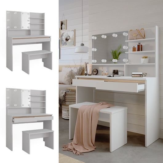 Vicco Tavolo da toilette Bianco 120 cm con ripiano a specchio, panca e illuminazione a LED