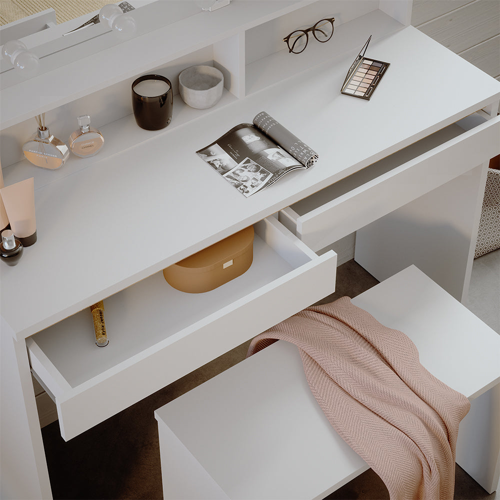 Vicco Tavolo da toilette Bianco 120 cm con ripiano a specchio, panca e illuminazione a LED