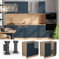 Vicco Mobiletto base cucina Blu scuro lucido 80 cm con ripiano, senza piano di lavoro