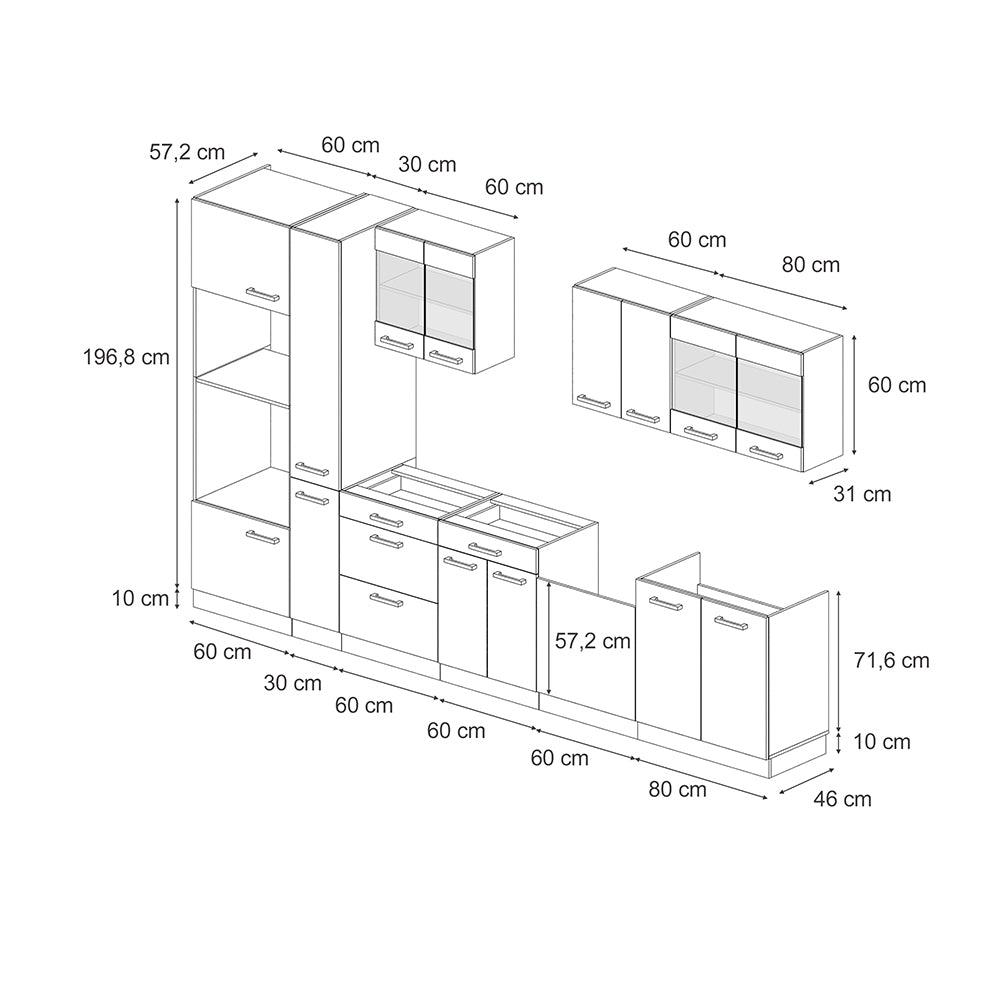 Vicco Cucina componibile Rovere artigianale/bianco 350 cm con armadio alto, senza piano di lavoro