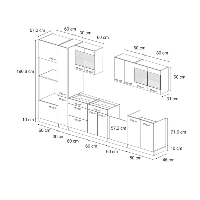 Vicco Cucina componibile Rovere artigianale/bianco 350 cm con armadio alto, senza piano di lavoro