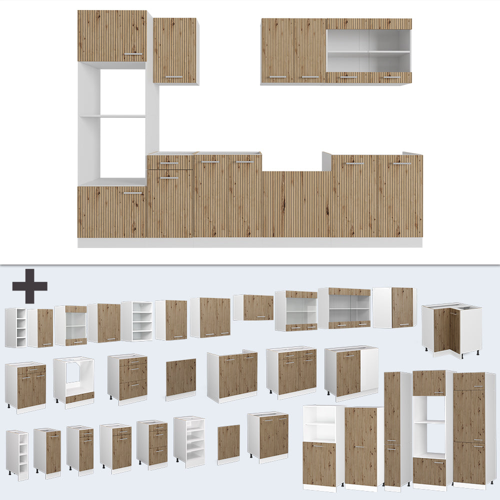 Vicco Cucina componibile Rovere artigianale/bianco 300 cm con armadio alto, PL Marmo