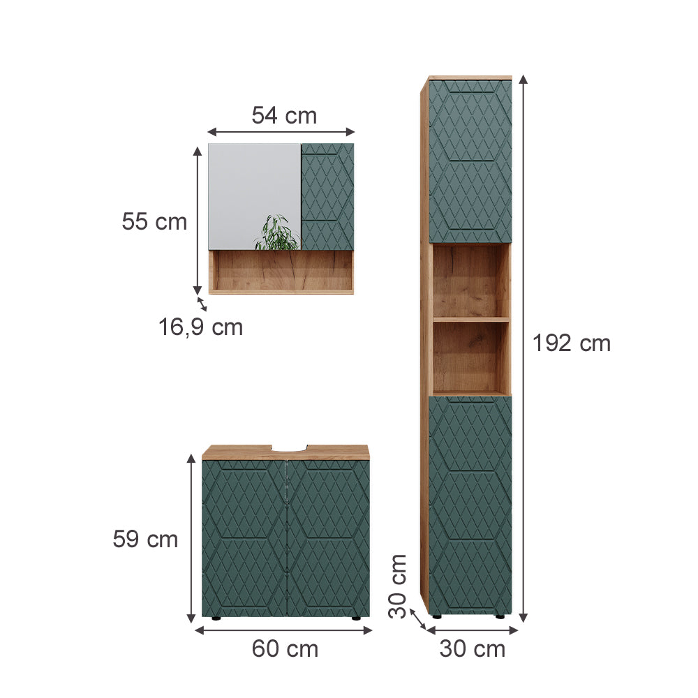 Vicco Set mobili bagno Quercia verde/oro 3 parti, con colonna