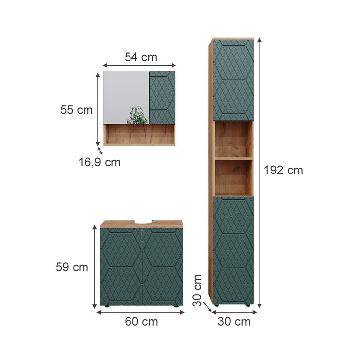 Vicco Set mobili bagno Quercia verde/oro 3 parti, con colonna