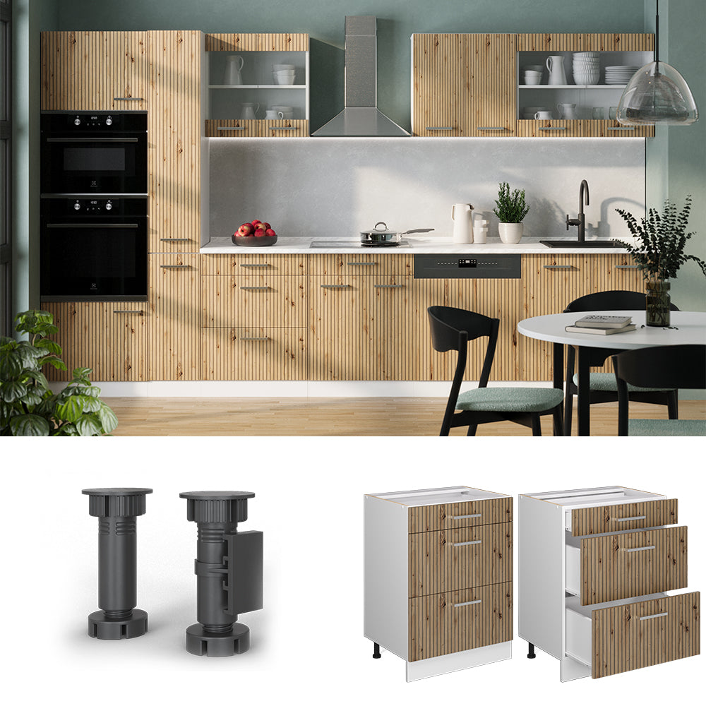 Vicco Mobiletto base per cucina Rovere artigianale 60 cm con cassetti, senza piano di lavoro