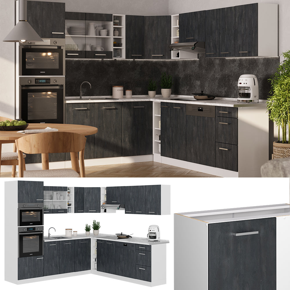 Vicco Cucina angolare completa Nero cemento/bianco 237 x 247 cm senza piano di lavoro