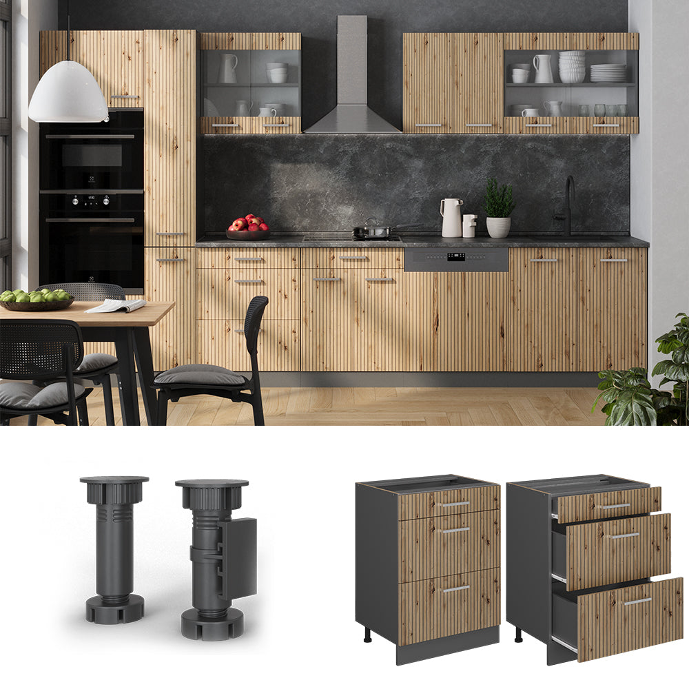 Vicco Mobiletto base per cucina Rovere artigianale 60 cm con cassetti, PL Antracite