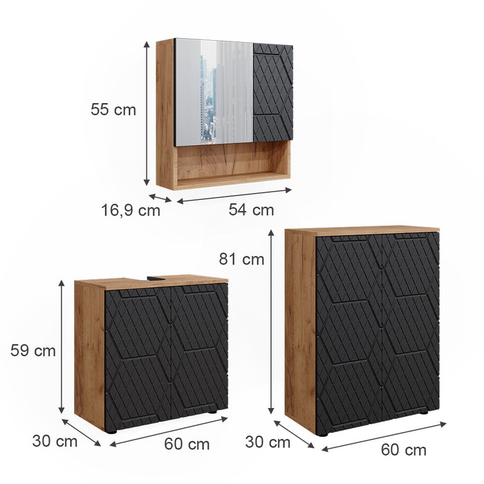 Vicco Set mobili bagno Antracite a righe 3 pezzi, con base 60 cm