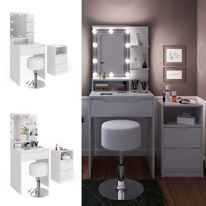 Vicco Tavolo da toeletta Bianco con cassettiera, illuminazione a LED e sgabello