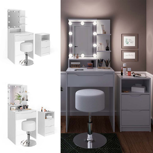 Vicco Tavolo da toeletta Bianco con cassettiera, illuminazione a LED e sgabello