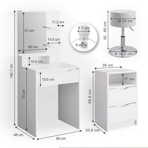 Vicco Tavolo da toeletta Bianco con cassettiera, illuminazione a LED e sgabello