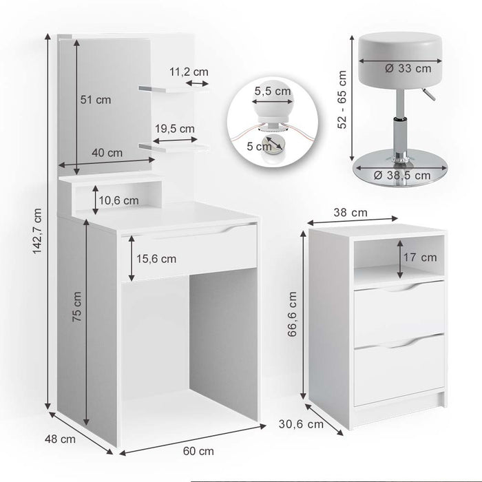Vicco Tavolo da toeletta Bianco con cassettiera, illuminazione a LED e sgabello