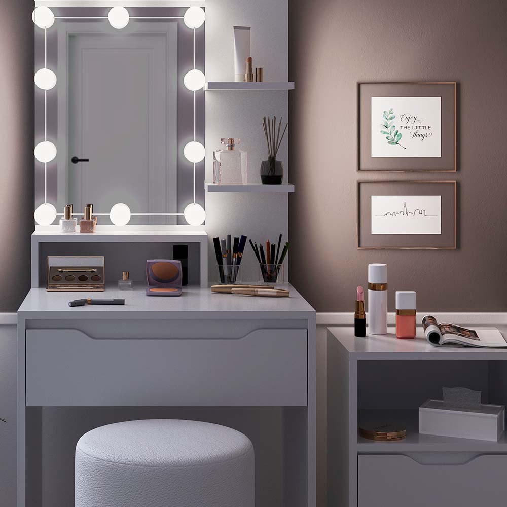 Vicco Tavolo da toeletta Bianco con cassettiera, illuminazione a LED e sgabello