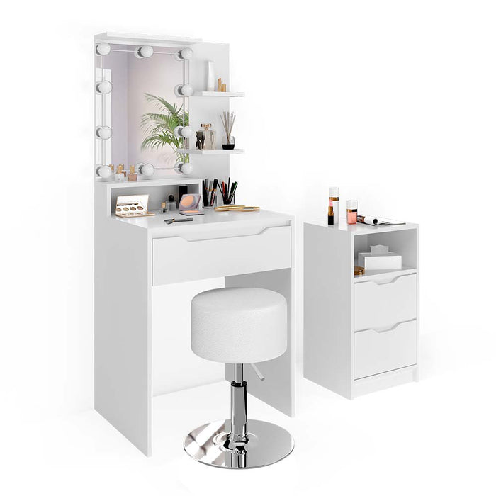 Vicco Tavolo da toeletta Bianco con cassettiera, illuminazione a LED e sgabello