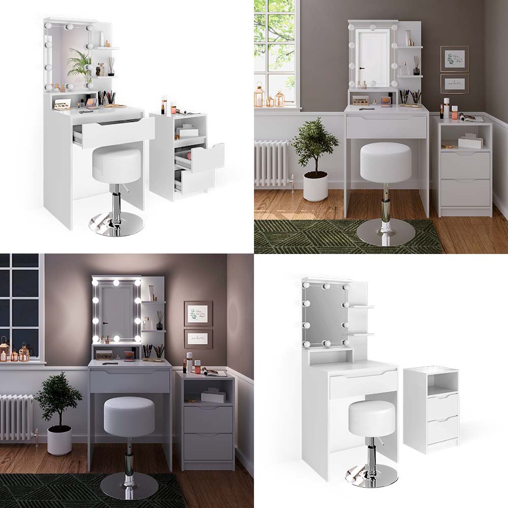 Vicco Tavolo da toeletta Bianco con cassettiera, illuminazione a LED e sgabello