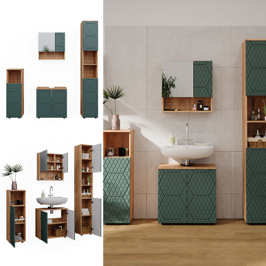 Vicco Set mobili bagno Quercia verde/oro 4 pezzi, con colonna