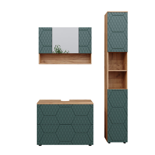 Vicco Set mobili bagno Quercia verde/oro 3 pezzi, con mobile a specchio 80 cm
