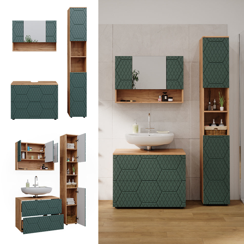 Vicco Set mobili bagno Quercia verde/oro 3 pezzi, con mobile a specchio 80 cm