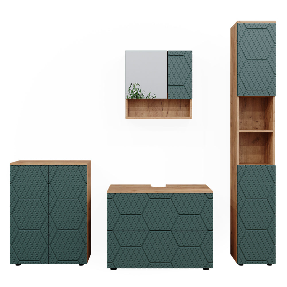 Vicco Set mobili bagno Quercia verde/oro 4 pezzi, con cassettiera e mobile midi