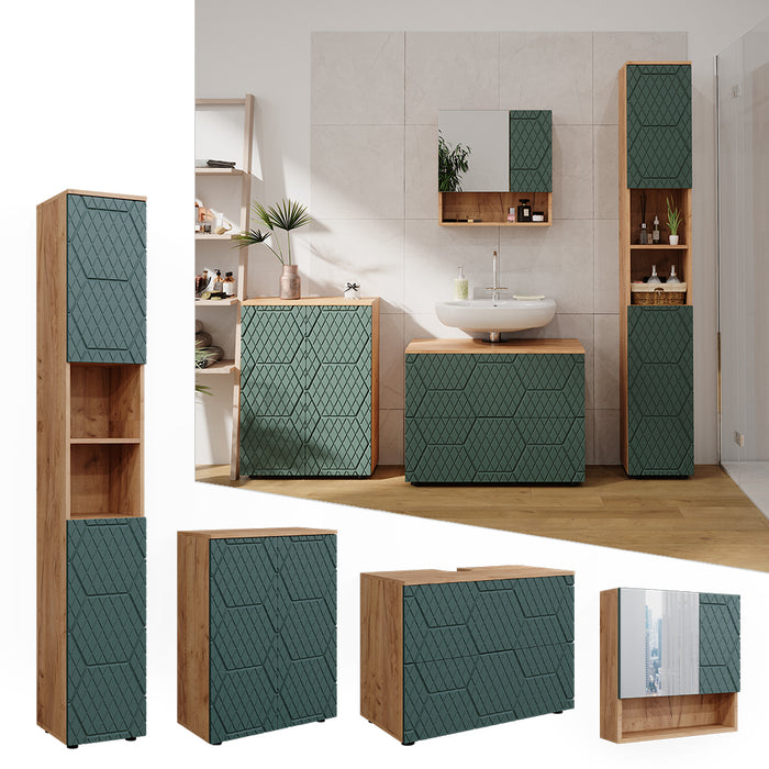 Vicco Set mobili bagno Quercia verde/oro 4 pezzi, con cassettiera e mobile midi