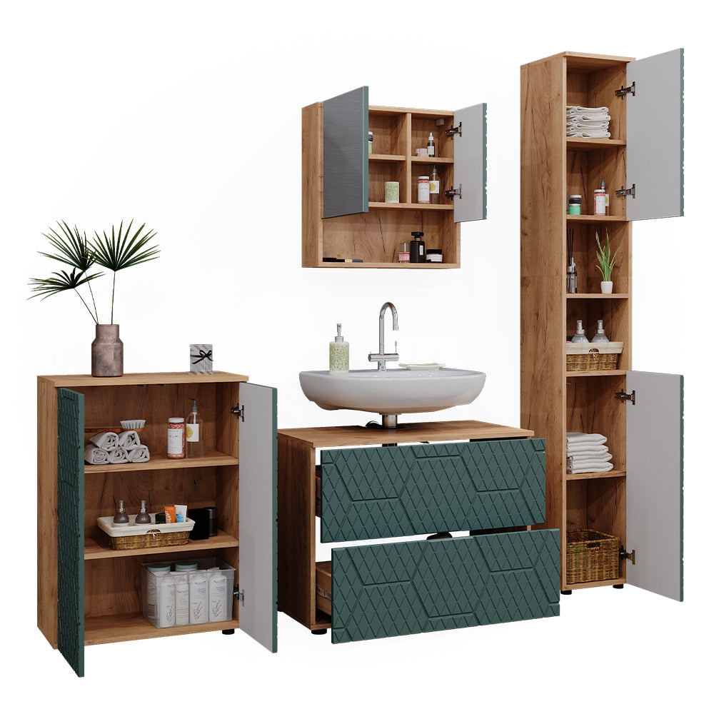 Vicco Set mobili bagno Quercia verde/oro 4 pezzi, con cassettiera e mobile midi