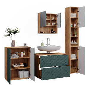 Vicco Set mobili bagno Quercia verde/oro 4 pezzi, con cassettiera e mobile midi