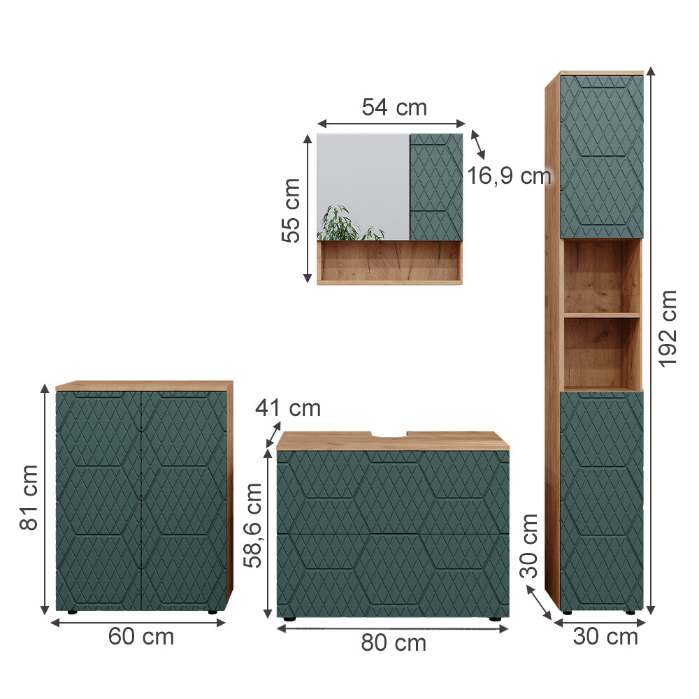 Vicco Set mobili bagno Quercia verde/oro 4 pezzi, con cassettiera e mobile midi