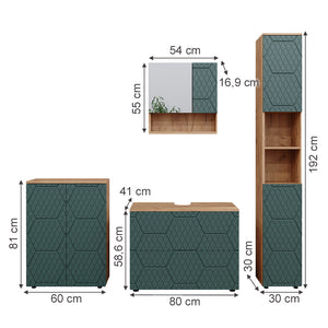 Vicco Set mobili bagno Quercia verde/oro 4 pezzi, con cassettiera e mobile midi