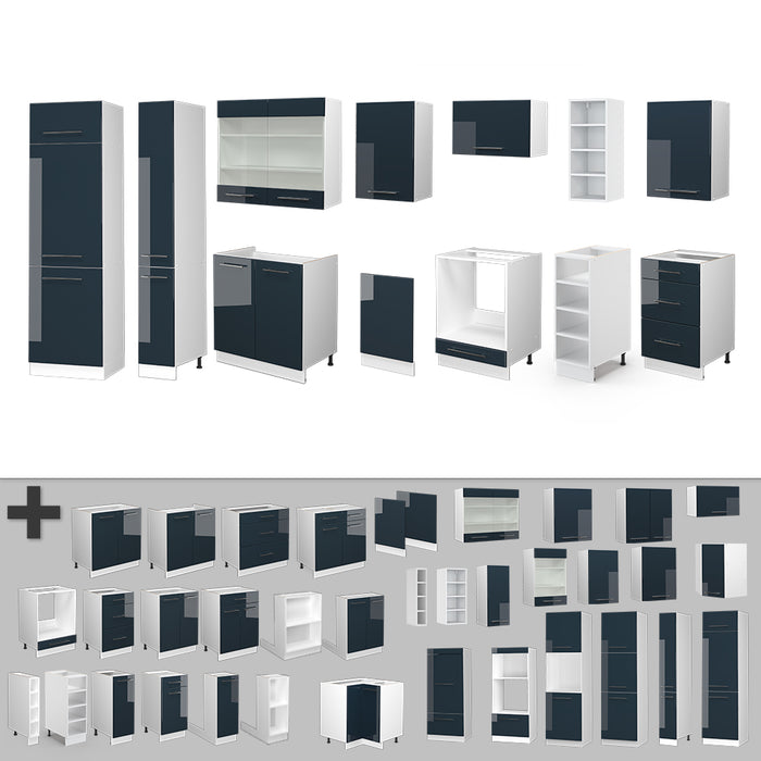 Vicco Mobile da cucina Blu scuro lucido 355 cm senza piano di lavoro