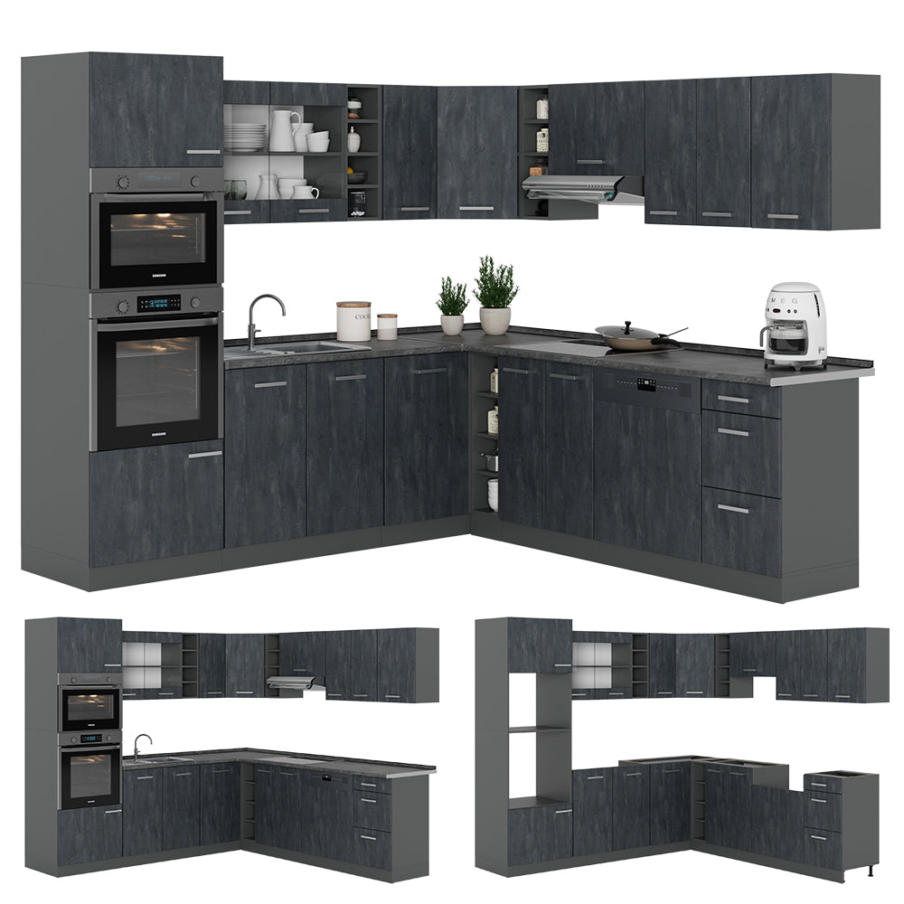 Vicco Cucina angolare completa Calcestruzzo nero/antracite 237 x 247 cm senza piano di lavoro