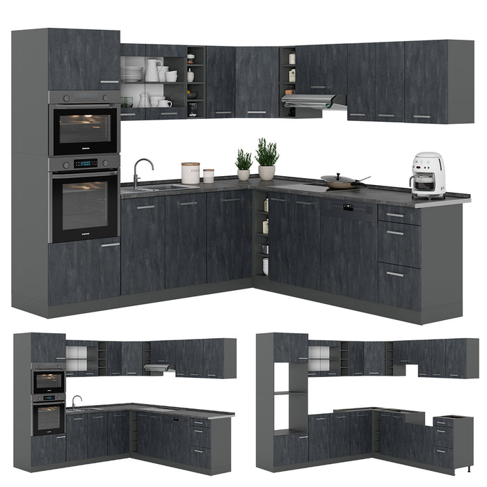 Vicco Cucina angolare completa Calcestruzzo nero/antracite 237 x 247 cm senza piano di lavoro
