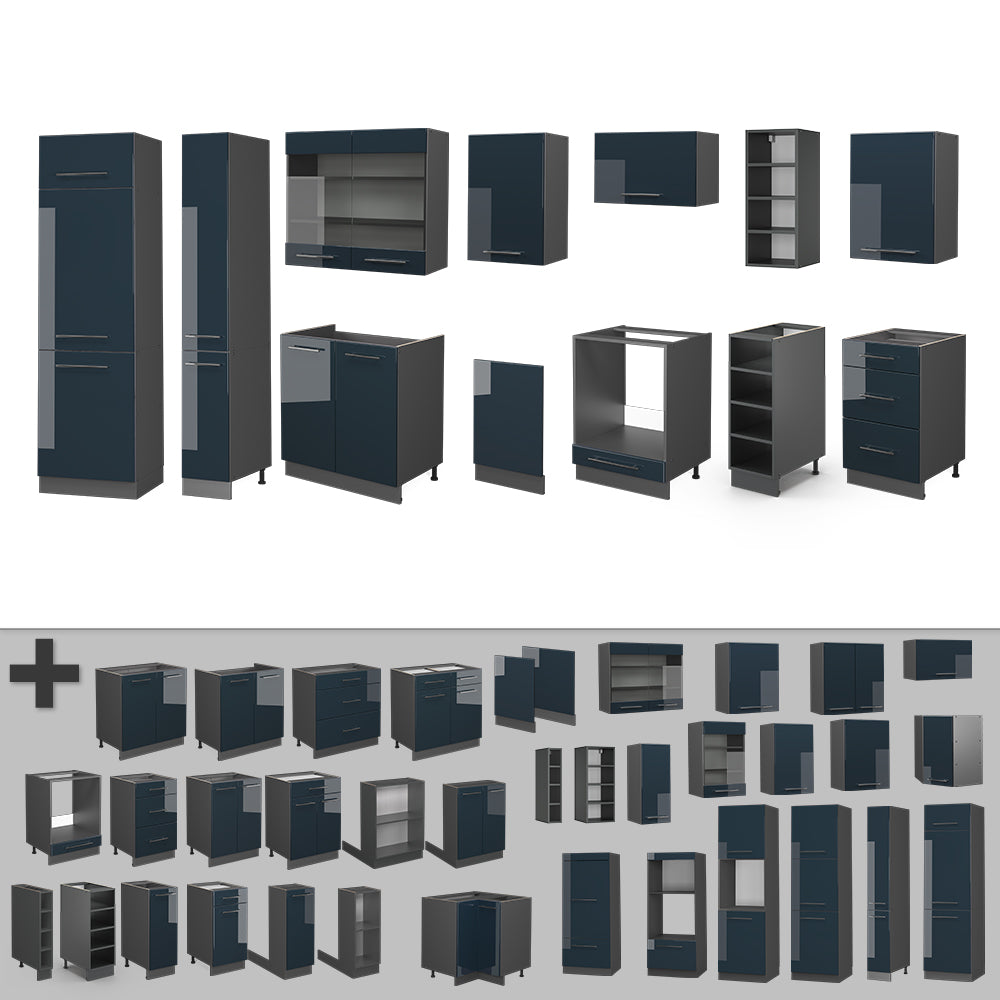 Vicco Cucina componibile Blu scuro lucido/antracite 355 cm , PL Rovere