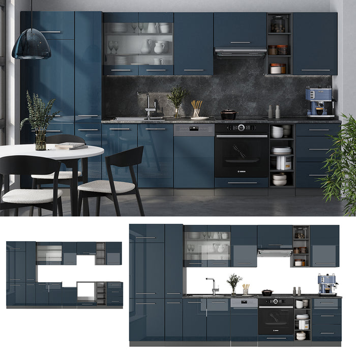 Vicco Cucina componibile Blu scuro lucido/antracite 355 cm , PL Rovere