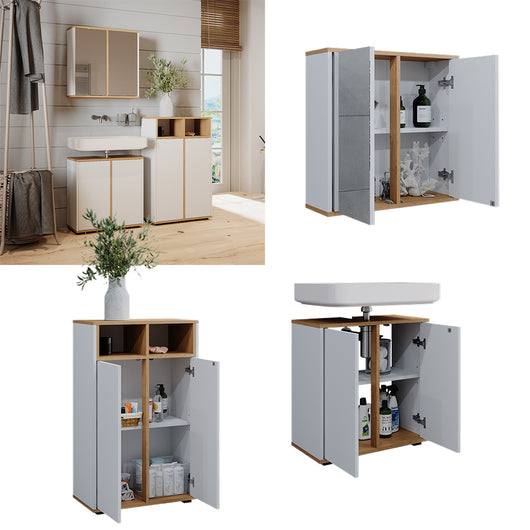 Vicco Set mobili bagno Bianco/Artisan 3 parti, unità midi con 2 porte